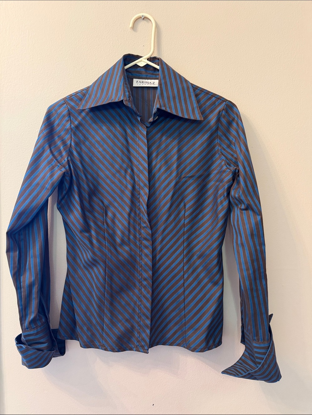 Farinaz Blue and Brown Striped Dress Shirt
